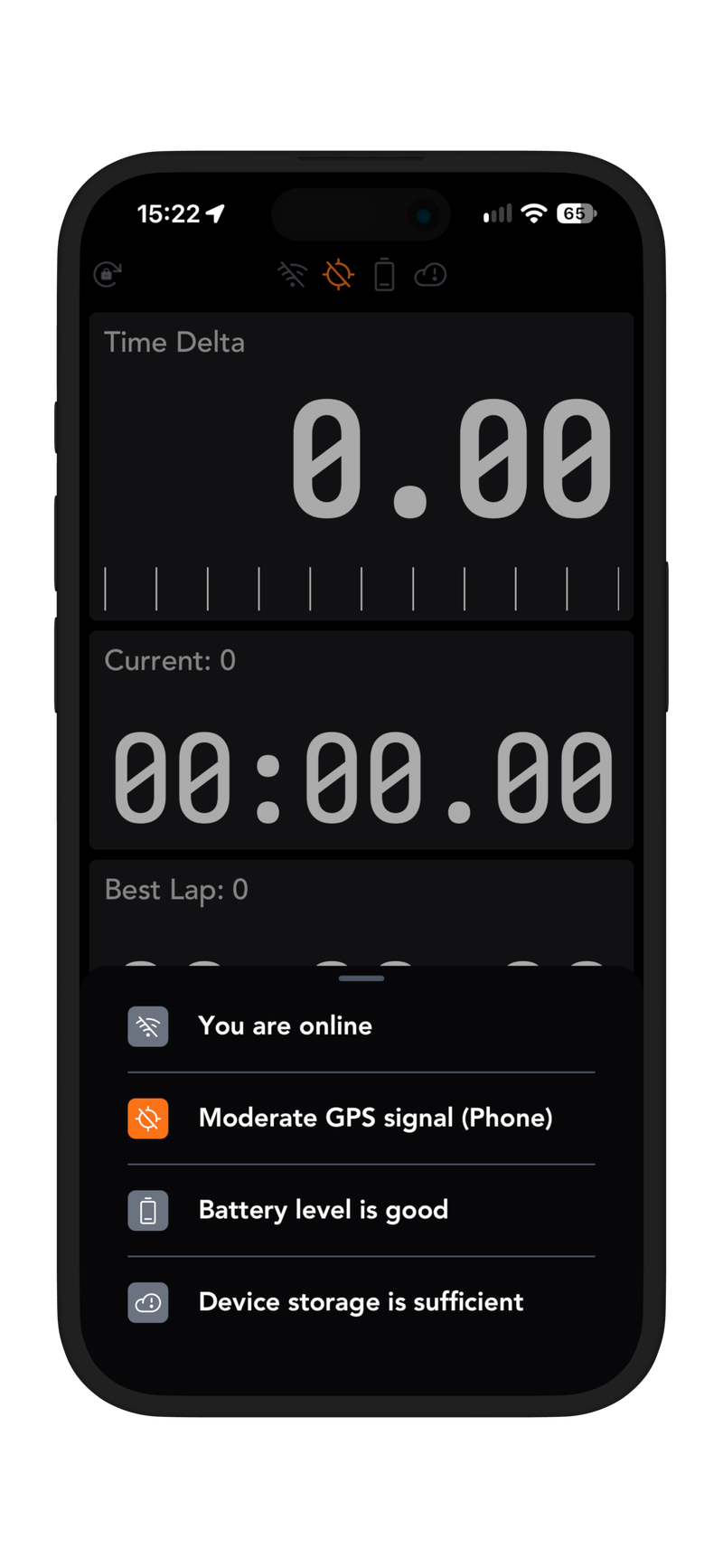 The recording screen with its status sheet open: GPS signal moderate, online, battery and storage fine.