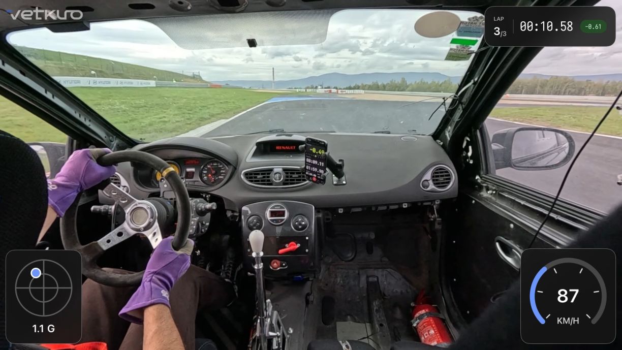 One exported frame of the lap in landscape, with the speed gauge, the G-force widget and the lap timer on it.