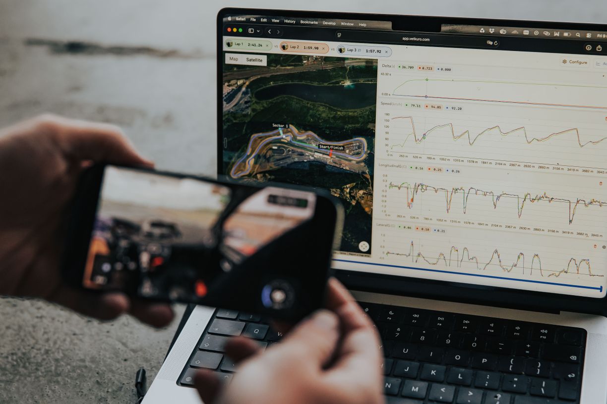 The web analyzer with two lap traces, the delta curve, the track map and the sector splits in one workspace.