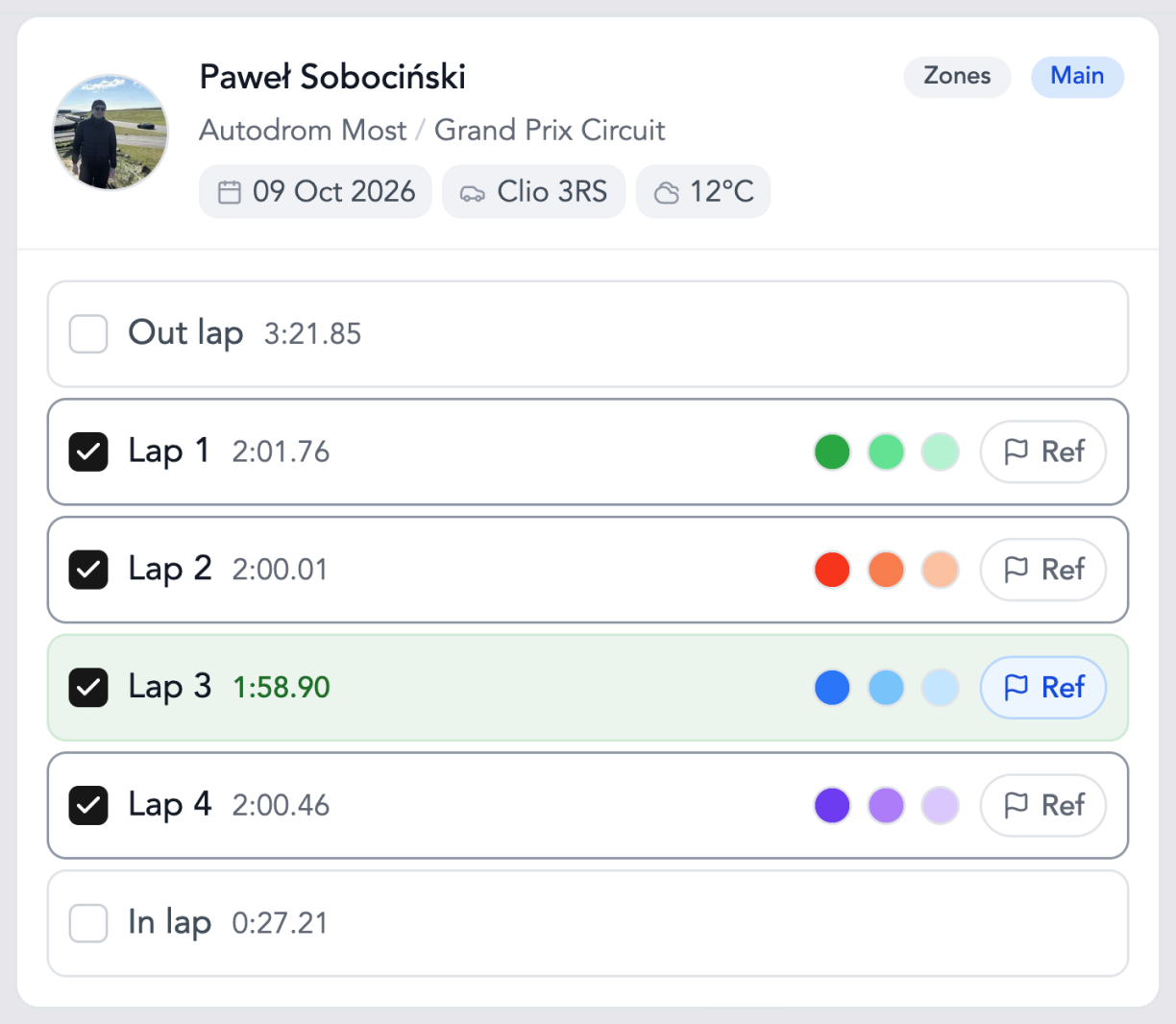 The lap list of a session in the web analyzer, with one lap marked as the reference the others are measured against