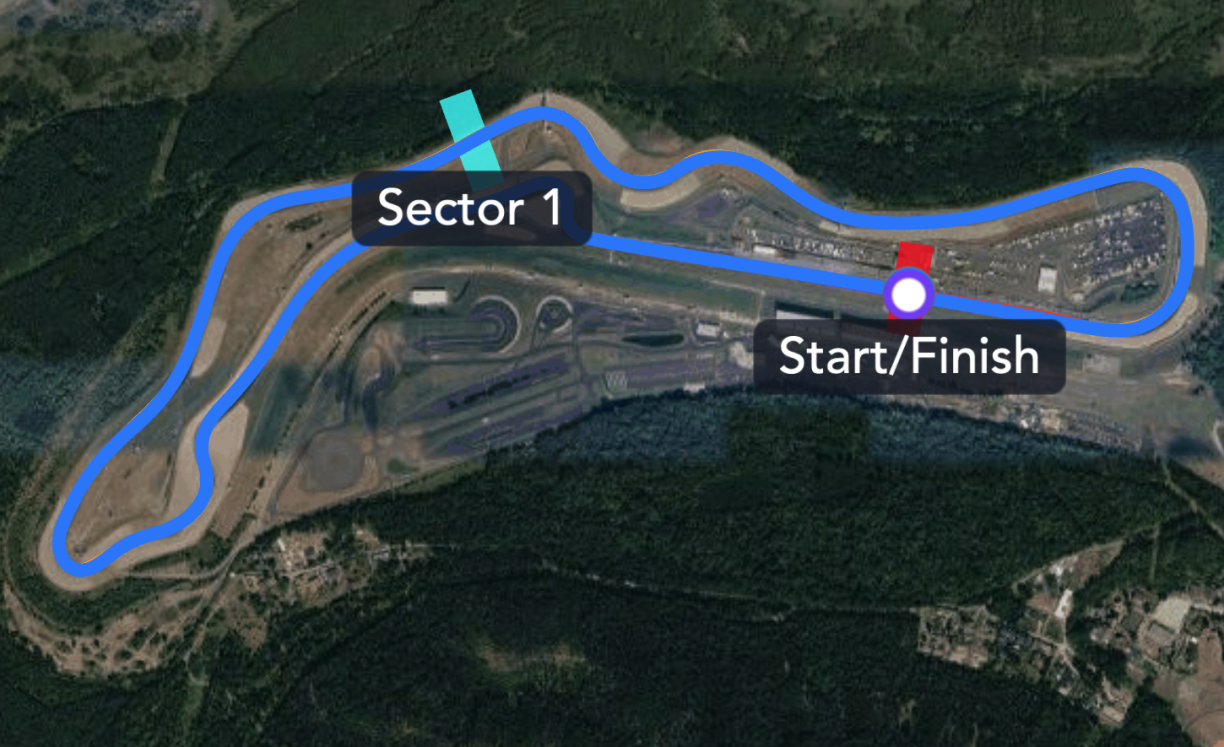 A recorded lap drawn on the Autodrom Most circuit layout, with the start-finish line and the sector line marked.